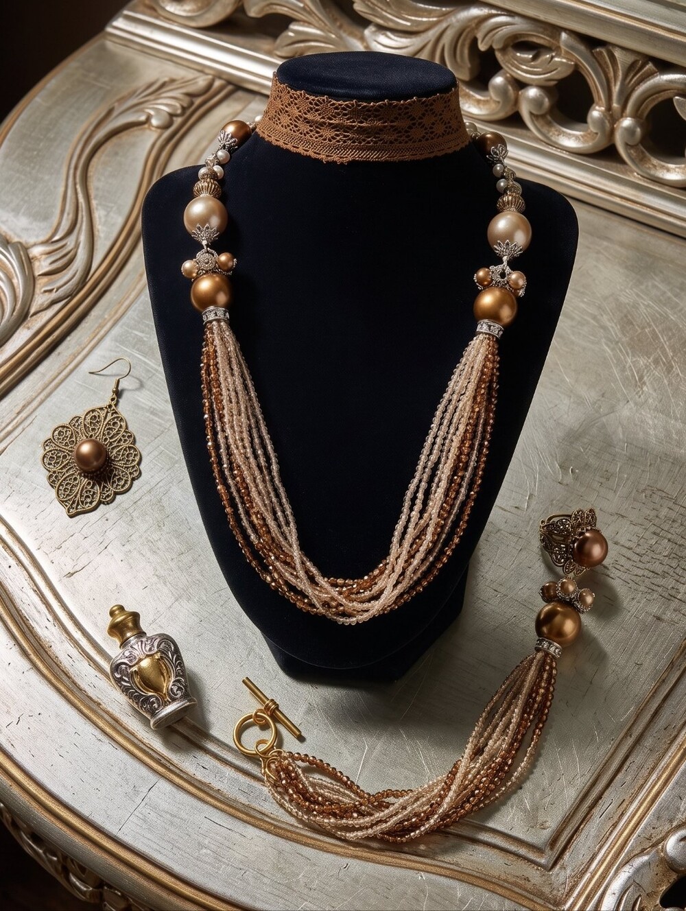 Artisan Vintage Victorian Champagne Austrian Crystal Crochet Statement Necklace